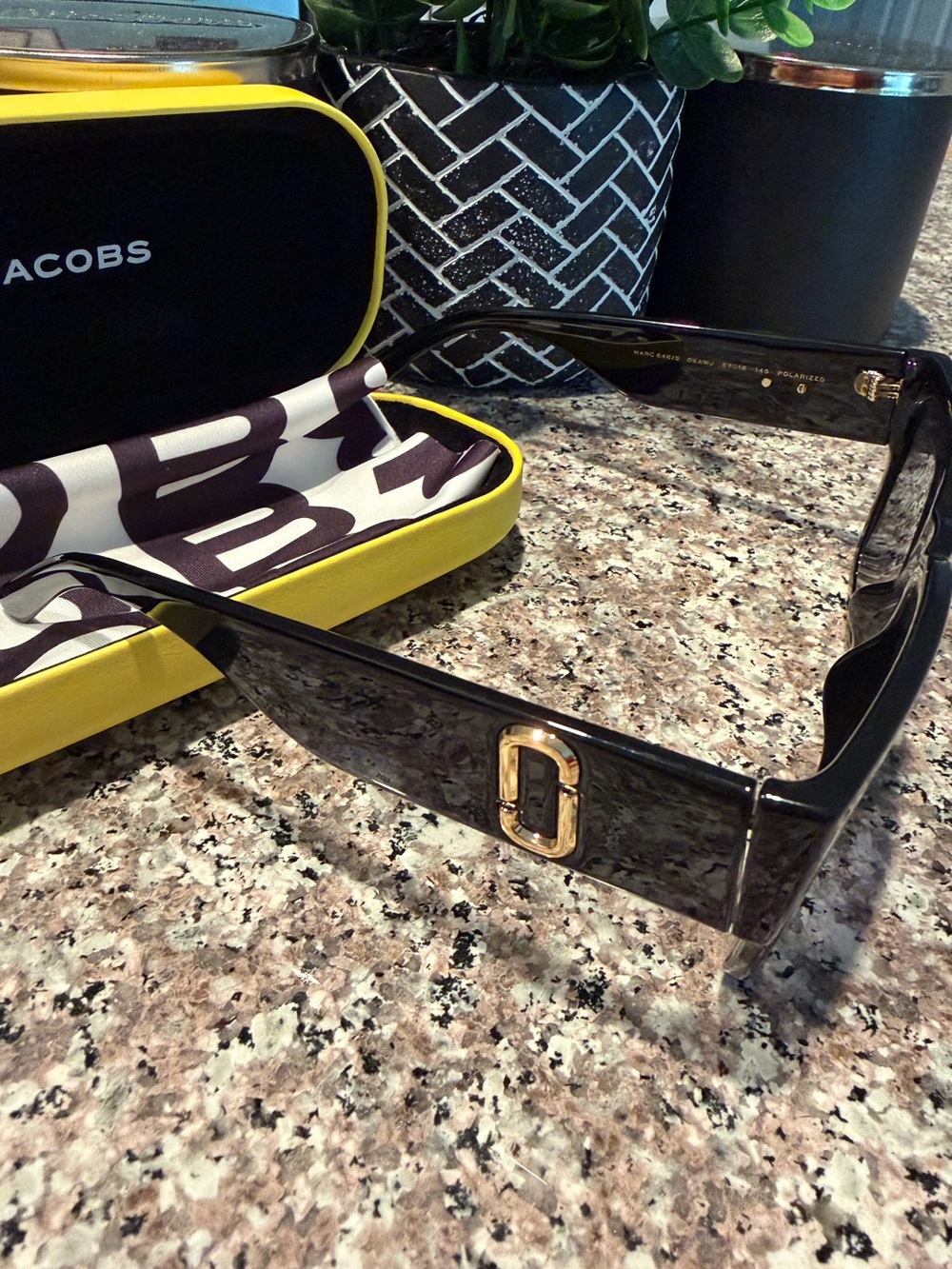 Marc Jacobs Black Rectangular Sunglasses with Gold Logo Accent